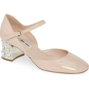 Miu Miu Beige Nude Patent Leather Embellished Crystal Heels Size EU 41/US 10